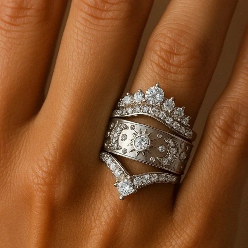 New sz 8 Trio ring set 3 pcs Silver Sun Moon Crown Ring Fashion Celestial